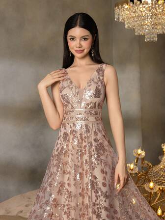 Alisa&Leo 优雅无袖 V 领 A 字形青少年礼服：非常适合庆典、选美、正式晚宴和红毯活动 - 带有花卉图案的精致晚装，适合舞会、初次登台舞会、慈善活动、颁奖典礼和豪华婚礼