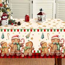 1 pieza Mantel de plástico con tema navideño, 137*220cm Cubierta de mesa para fiesta de Navidad - Diseño de hombrecillo de jengibre y árbol de Navidad | Mantel de plástico desechable, decoración de mesa de comedor navideña, decoración navideña