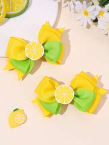 2个彩色黄绿相间布艺蝴蝶结发夹，柠檬造型发饰蝴蝶结，时尚发夹，适合女孩青少年春夏海滩度假旅行派对礼物 - 彩色 - 查看 1