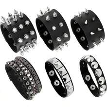 Eigso 3 Pcs Leather Punk Bracelets Men Women Of Rock Rivet Wrap Retro Spike Bracelet Adjustable - Black - 6 Pcs - View 1