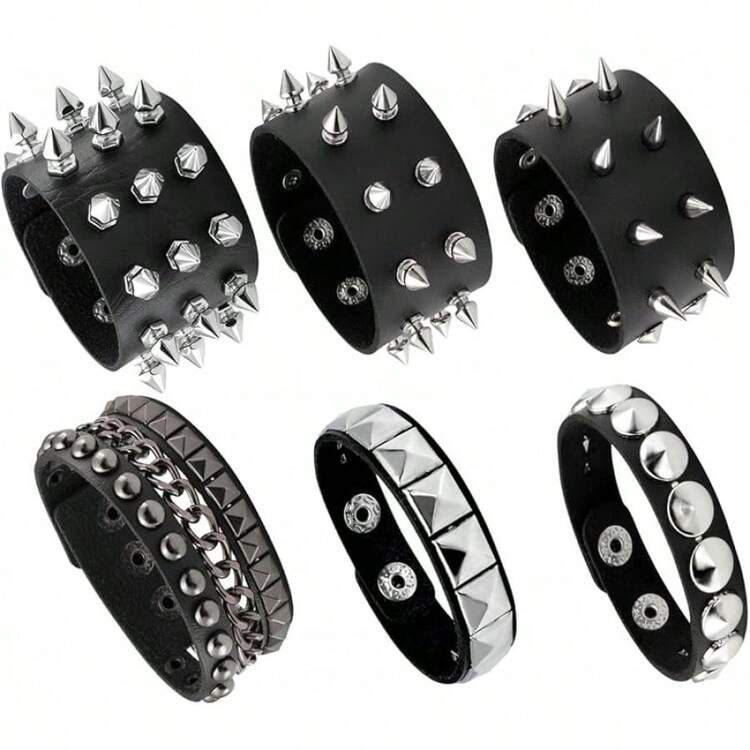Eigso 3 Pcs Leather Punk Bracelets Men Women Of Rock Rivet Wrap Retro Spike Bracelet Adjustable - Đen - 6 chiếc - Xem 1