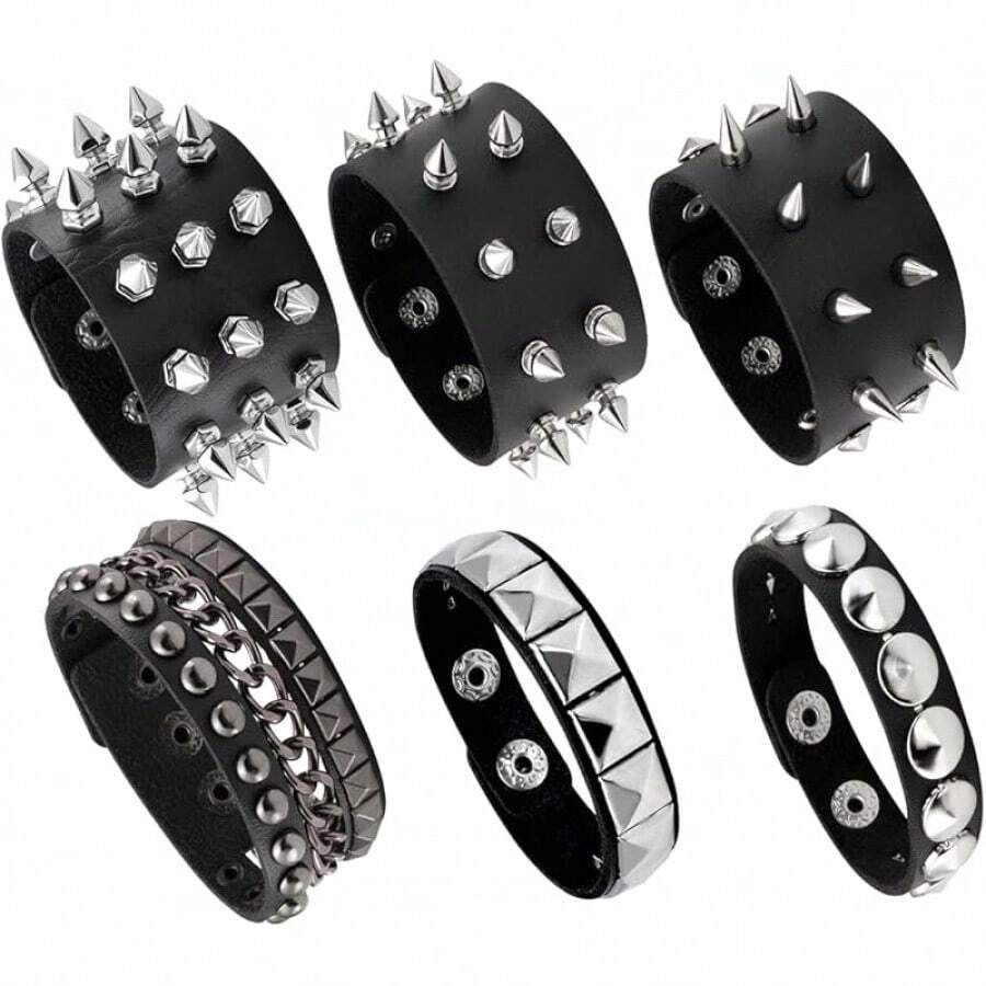 Eigso 3 Pcs Leather Punk Bracelets Men Women Of Rock Rivet Wrap Retro Spike Bracelet Adjustable - Black - 6 Pcs - View 1