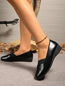 1 Pair Women's Comfortable Wedge Heel Flats, Versatile Simple Design Slip-On Round Toe Casual Shoes, Suitable For Spring & Autumn, Plus Size - Black - View 2