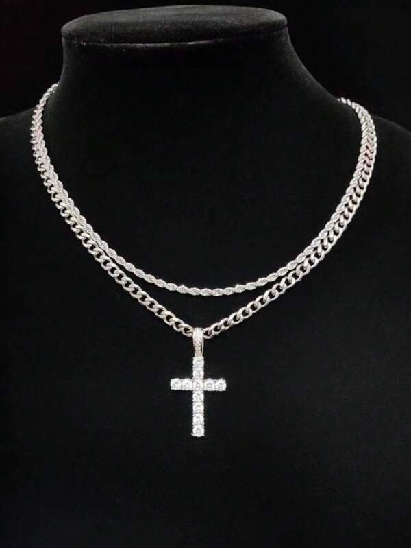 Men's Gothic Style Fashion Hip Hop Rhinestone Cross Braided Chain Necklace, Suitable For Men's Party And Gathering Wear