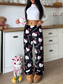 SANRIO 1 chiếc quần dài nữ bằng vải nhung mềm mại, ấm áp, dễ thương và thoải mái cho mùa thu/đông. - màu đen - Xem 7