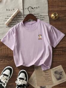 少女休闲紫色印花圆领短袖T恤，夏季上衣 - 紫色 - 查看 4