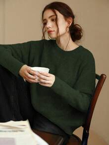 Knit Mix 优雅女士针织法式通勤毛衣，休闲宽松长袖圆领套头衫，适合秋冬季、圣诞节、感恩节、新年、情人节等节日穿着，是返校季和秋季女装的理想选择。 - 軍綠色 - 查看 5