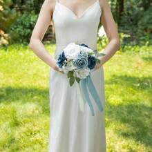Dusty Blue Wedding Bouquets For Bride Bridesmaid, White Wedding Artificial Roses Flowers For Wedding Bouquets Ceremony, Anniversary - Dusty Blue - View 9