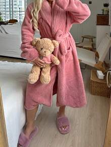 1pc Women Plush Fluffy Robe, Minimalist Elegant, Warm & Comfortable For Autumn/Winter, Fall, Cozy Outfit - Dusty Pink - View 3