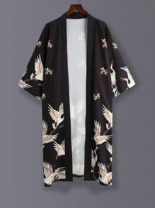 Stylish Cape Shawl, Lightweight Fabric Japanese Style Spring/Summer Crane Printed Open Fork Midi Kimono Cover Up Outerwear For Couples, Retro/ Boho Beach Cover-Up With 3/4 Sleeve, Lightweight Protection