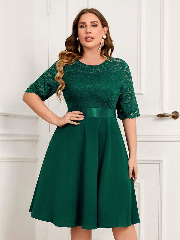 MIUSOL Plus Contrast Floral Lace Half Sleeve Prom Party Swing A-Line Dress, For Wedding Guest, Graduation, Dinner