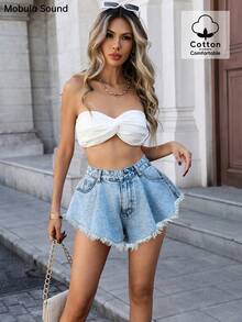 Mobula Sound Sexy Music Festival Versatile Casual Fashion Fringe Y2K Young Academy Student Wide Leg A-Line Denim Shorts For Women, Summer