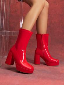 Women's Chunky Platform Mid-Calf Boots Waterproof Square Toe Fashionable Lightweight Comfort Elegant Bright Solid Color Side Zipper Classic For Parties Dress Festival Ankle Go Go Red Boots - 紅色 - 查看 6