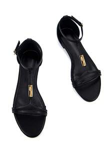 Sandal nữ đế bằng kiểu dáng thanh lịch với khóa kim loại vàng, chất liệu da PU màu đen, mũi tròn, quai ngang mắt cá chân, thích hợp cho mùa xuân hè. - màu đen - Xem 1