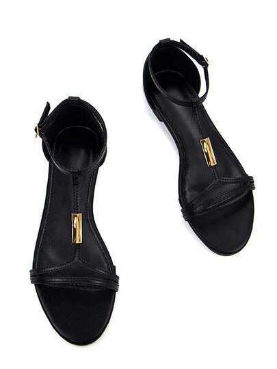 Women's Elegant Gold Metal Buckle Decor Black PU Fabric Comfortable Round Toe Ankle Strap Casual Flat Sandals