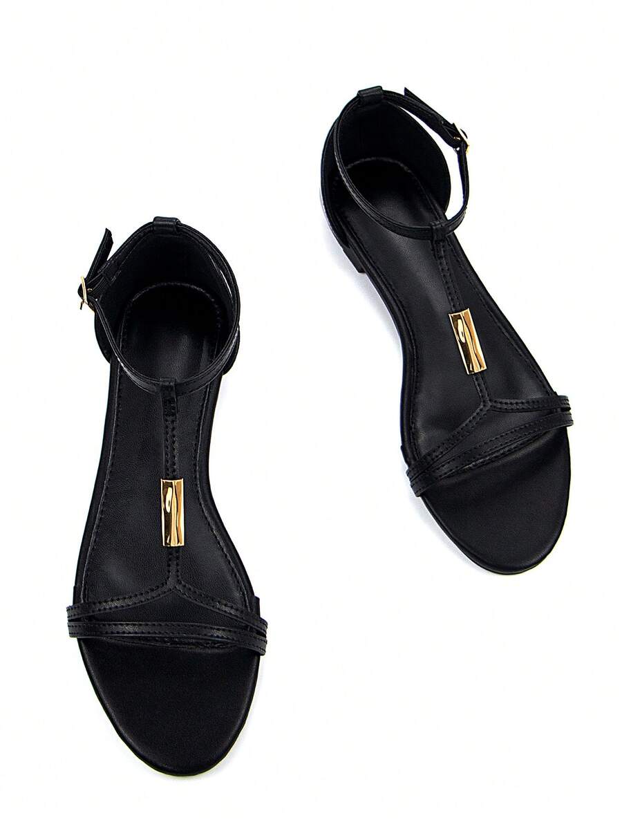 Sandal nữ đế bằng kiểu dáng thanh lịch với khóa kim loại vàng, chất liệu da PU màu đen, mũi tròn, quai ngang mắt cá chân, thích hợp cho mùa xuân hè. - màu đen - Xem 1