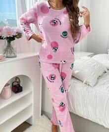 PIJAMA AFELPADA PARA DAMA CONJUNTO DE 2 PIEZAS PANTALON Y PLAYERA DE MANGA LARGA - Lila Púrpura - Ver 5