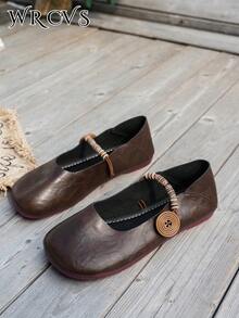 Fall/Winter Coffee Color Round Toe Flats, PU Leather Non-Slip Work Shoes, Ballet Flats, Simple Loafers, Retro Granny Shoes For Women - Coffee Brown - View 5
