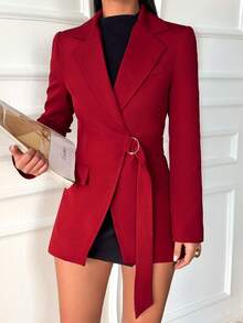 女士时尚西装外套，配有腰带环、长袖和口袋，适合春秋冬季 - 酒紅色 - 查看 3
