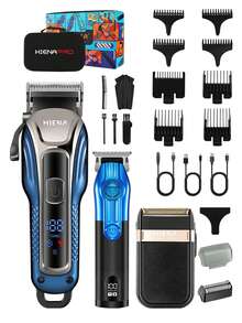 HIENA 3 Piecesmen's Hairdressing, Beauty, And Trimming Tool Set Includes 2 Professional Wireless Electric Blue Scissors And An Electric Shaver. It Supports USB Fast Charging And LED Battery Display. Long Lasting Battery, Beautifully Packaged, Is An Ideal Personal Cleaning Tool, Suitable As A Gift For Family And Friends - Blue - View 2