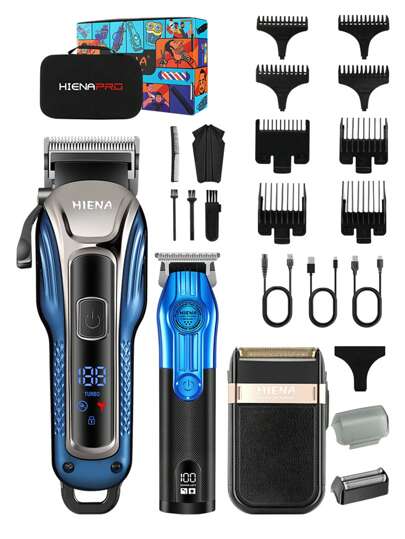  HIENA 3 Piecesmen's Hairdressing, Beauty, And Trimming Tool Set Includes 2 Professional Wireless Electric Blue Scissors And An Electric Shaver. It Supports USB Fast Charging And LED Battery Display. Long Lasting Battery, Beautifully Packaged, Is An Ideal Personal Cleaning Tool, Suitable As A Gift For Family And Friends