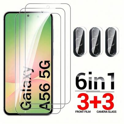[3+3] 6合1 6件装 9H 钢化玻璃适用于 Galaxy A13 A26 A36 A56 5G 2025 相机镜头屏幕保护膜 A16 A26 A36 4G A 56 56A S 6.7 英寸