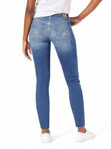 女士休闲百搭低腰修身牛仔裤，带口袋，刺绣牛仔长裤，适合秋冬季穿着 - 中等水洗藍 - 查看 9