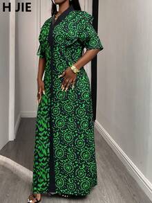 1 女款秋季绿色全长不对称印花中长连衣裙，优雅休闲，适合外出度假或聚会