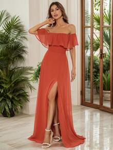 露肩荷叶袖侧开衩A字雪纺橘色伴娘礼服、婚礼宾客礼服、婚礼/度假/毕业典礼礼服 - 亮橙色 - 查看 8