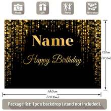 Black & Gold Glitter Polka Dot Gold Crown "Happy Birthday" Personalized Name Design Birthday Party Cake Table Decor Backdrop, Vinyl Photography Prop ,Travel Organizer - Unreal Gold - View 5