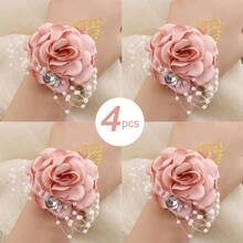4pcs/Set Pink & Gold Leaf Beaded Wrist Corsage, Crystal Brooch For Bride, Bridesmaid, Wedding Supplies