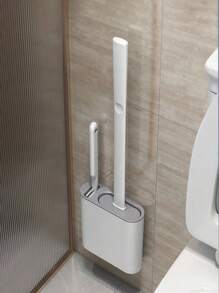 1 pièce Ensemble de brosse de toilette 2-en-1 avec support, en matériau PP, brosse de nettoyage en silicone, brosse de toilette murale avec boîte de rangement, convient pour la salle de bain et les toilettes, Fête des Mères et Pâques