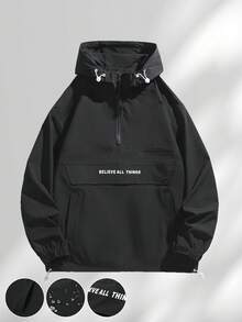 男士连帽半拉链长袖夹克，街头风，字母印花抽绳连帽半拉链大口袋宽松休闲夹克，通勤、户外、百搭，秋季必备 - 黑色 - 查看 1