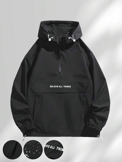 1 pieza Chaqueta con capucha y media cremallera de manga larga para hombre, estilo urbano, chaqueta casual holgada con capucha con cordón, estampado de letras, bolsillos grandes, para uso diario, al aire libre, versátil, otoño