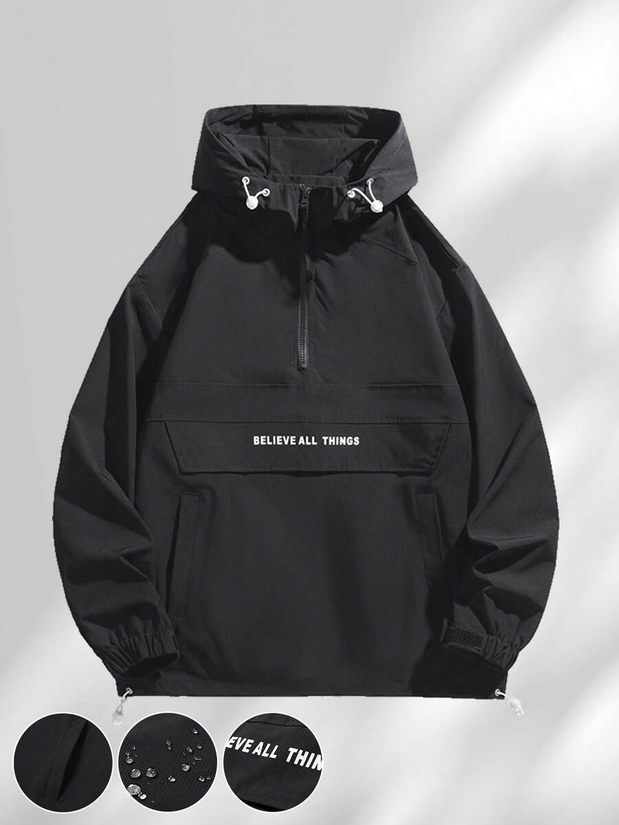 男士连帽半拉链长袖夹克，街头风，字母印花抽绳连帽半拉链大口袋宽松休闲夹克，通勤、户外、百搭，秋季必备 - 黑色 - 查看 1