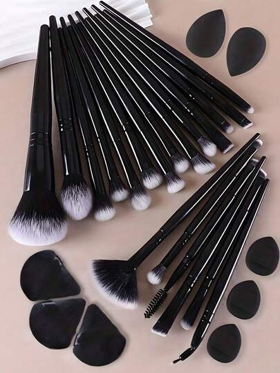 28pcs Ultimate Makeup Brush Set, Including Large Powder Brush, Blush Brush, Contour Brush, Foundation Brush, Concealer Brush, And Eyeshadow Brush - Includes Water Drop Makeup Sponge, Thumb Puff, And Triangle Puff - Nylon Bristles, Suitable For All Skin Types