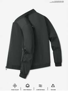 男士休闲黑色飞行员夹克，轻便拉链立领外套，春秋季时尚外套 - 黑色 - 查看 3