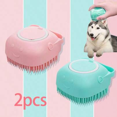 2PCS, 2 In 1 Pet Shampoo Brush And Massager | Silicone Dog Cat Grooming Tool | Bath Brush With Shampoo Dispenser Gentle Massage And Grooming Tool For Dogs And Cats(Blue & Pink)