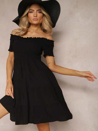 Vestido casual de cor sólida com ombros à mostra para férias de verão