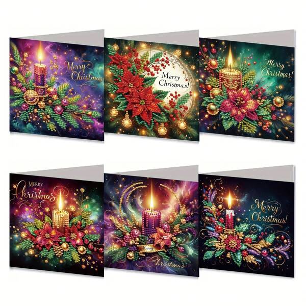 6pcs Christmas Theme Diamond Painting Greeting Card Set, DIY Unique Diamond Art Embellished Christmas Cards, Mosaic Handmade Postcards, Paper Material, Suitable For Party Supplies, Christmas And Holiday New Year Greetings