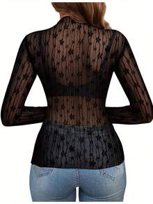 Mesh Long Sleeve Top For Women, Lace Sheer Tops See Through Mock Neck Floral Embroidery Sheer Blouce Fishnet Shirt - Đen tối - Xem 3