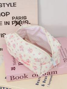 1 Peça Bolsa de Maquiagem e Cuidados com a Pele Floral Rosa Acolchoada para Meninas com Zíper, Organizador Essencial para Viagem e Férias para Absorventes, Batom, Cosméticos, Perfume, Pincéis de Maquiagem, Adequado para Mulheres, Estudantes, Presente de Férias para Amigos - Branco - Visão 10