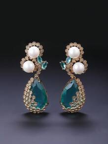 1 Pair Luxury Jewelry Style Copper Inlaid Cubic Zirconia Faux Pearl Pendant Earrings, Suitable For Formal Dresses, Parties And Occasions