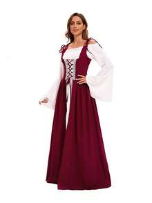 Conjunto de disfraz de época medieval y renacentista para mujer, con corsé retro y vestido, disfraz de princesa victoriana con vestido de tirantes y lazo de color contrastante - Burdeos - Ver 5