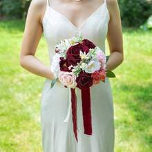 Dusty Blue Wedding Bouquets For Bride Bridesmaid, White Wedding Artificial Roses Flowers For Wedding Bouquets Ceremony, Anniversary - Burgundy & Blush - View 3