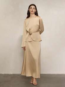 Women's Elegant Waist Floral Decor Patchwork Top And A-Line Midi Skirt 2-Piece Set