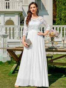 MIUSOL 优雅亮片花卉蕾丝七分袖褶裥雪纺正式派对长裙，正式晚礼服，适合婚礼宾客、毕业典礼、宴会及其他场合，白色春季款 - 白色 - 查看 5