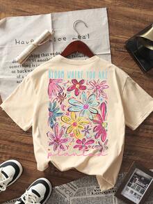 Tween Girls' Printed Short Sleeve T-Shirt, Comfortable & Fashionable Summer Top For Young Students - Apricot - View 4