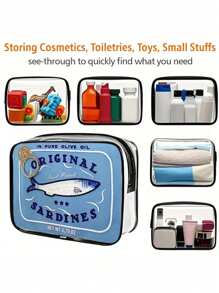 新款可爱沙丁鱼罐头造型 PVC 盥洗包 - PVC 防水盥洗包，创意沙滩包，彩色鱼罐头设计化妆包，轻巧可折叠，适合旅行、商务、健身、露营和户外使用，便携式化妆包 | 趣味配件 | 拉链开合，旅行化妆包（图案随机剪裁）学校假期返校用品旅行必需品包女士旅行包