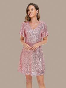 Đầm suông dáng rộng cổ chữ V đính sequin dành cho nữ, kiểu dáng thời trang đa năng phù hợp cho tiệc tùng, lễ tốt nghiệp, dạ hội. - Bụi hồng - Xem 5